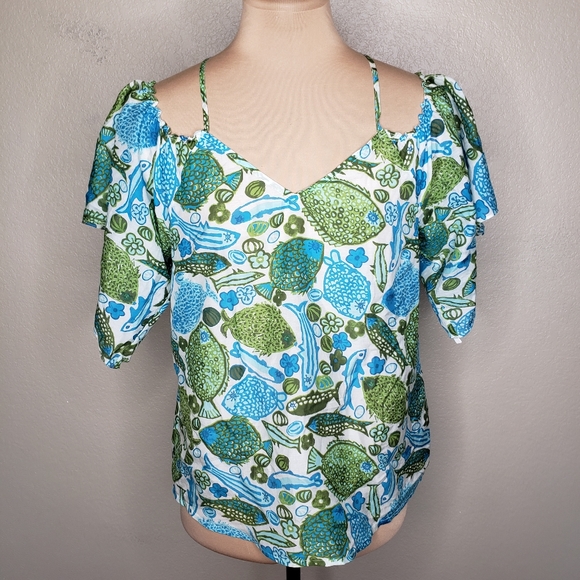Anthropologie Tops - Anthropologie Vanessa Virginia Silk Blend Fish Print Flutter Sleeve Top green 4